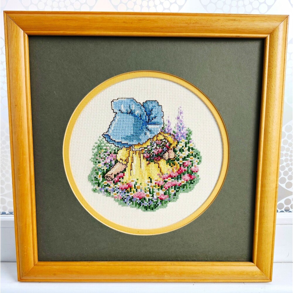 Vintage 90s Sunbonnet Sue Cross Stitch Professionally Framed Country Decor 11.75